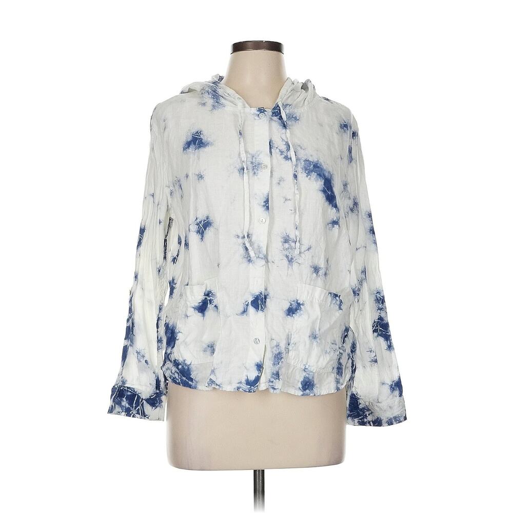 Rachel Zoe 100% linen blue white tie dye hoodie shacket S coastalgrandma Resort - Picture 2 of 11